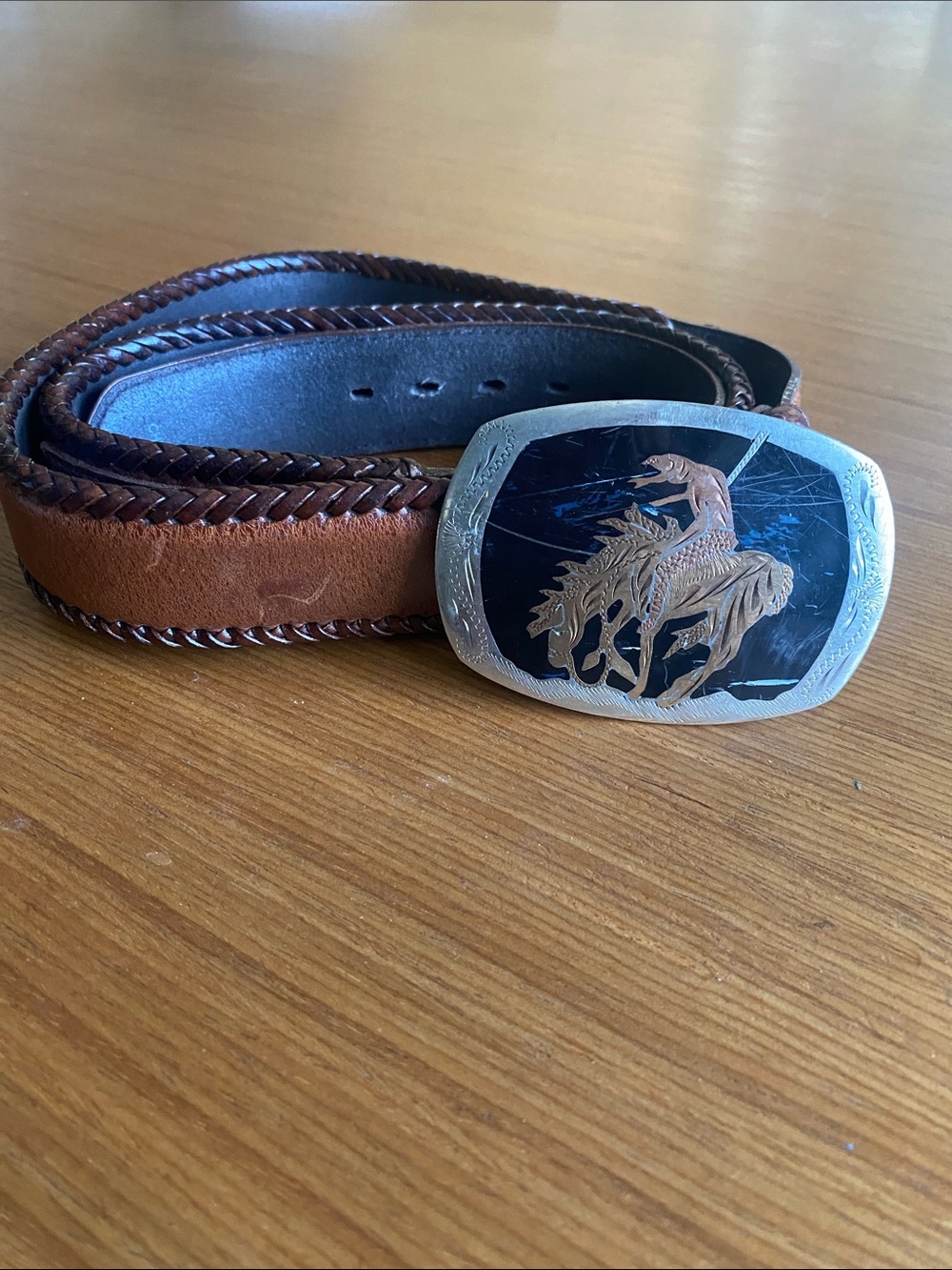 Western Leather Belt with Large inlayed Buckle Brown silver 42